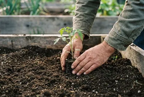 Hands planting a tomato seedling
